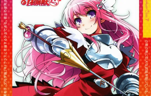 Smile, armor, characters, art, pink hair, Baka to Test to Shoukanjuu, Yui Haga, Phantom Himeji