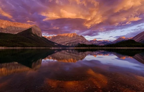 Forest, clouds, sunset, mountains, reflection, the evening, pond