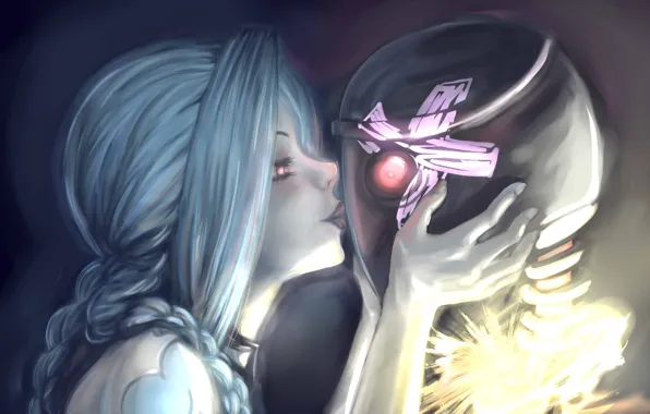 Picture girl, robot, kiss, art, braids, cross, League of Legends, LoL