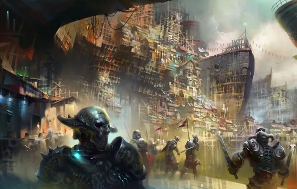 The city, fiction, mask, art, armor, swords, warriors