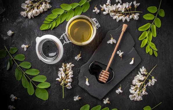 Leaves, flowers, the dark background, stone, spoon, Bank, honey, acacia