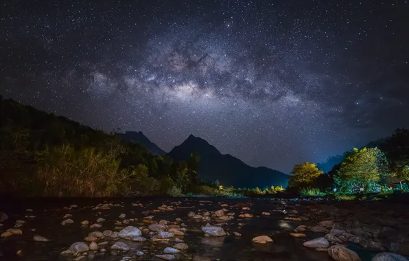 Stars, light, trees, mountains, house, river, stones, The Milky Way