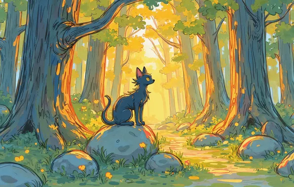 Forest, cat, cat, light, trees, branches, nature, pose