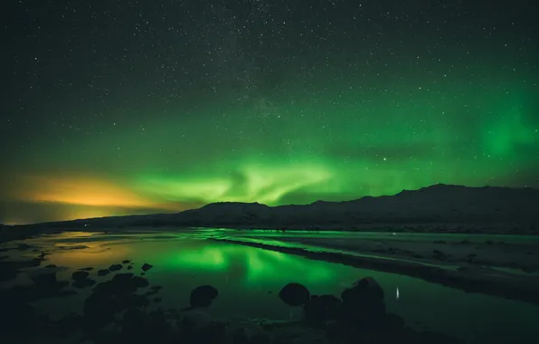 Landscape, night, green, Northern lights, starry sky