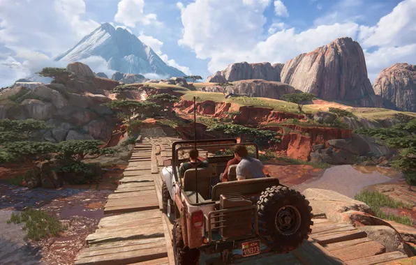 Bridge, jeep, Madagascar, Sally, Naughty Dog, Playstation 4, Uncharted 4, Sam Drake