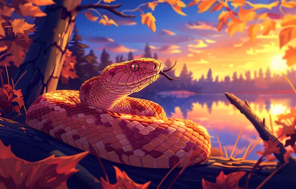 Water, Snake, Lake, Trees, Dawn, Art, Reptile, Animal