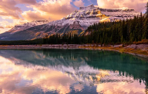 Forest, sunset, mountains, lake, Banff National Park, Alberta, Canada