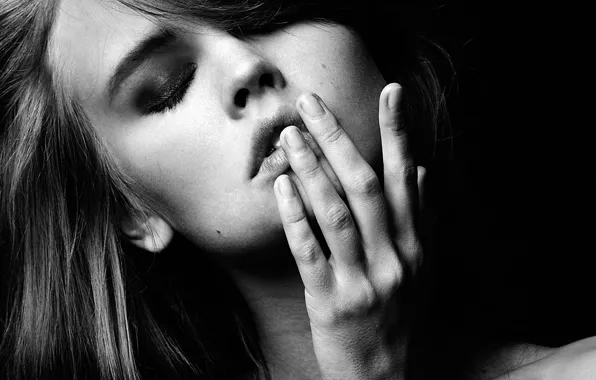 Face, hand, portrait, black and white, fingers, monochrome, Anastasia Shcheglova