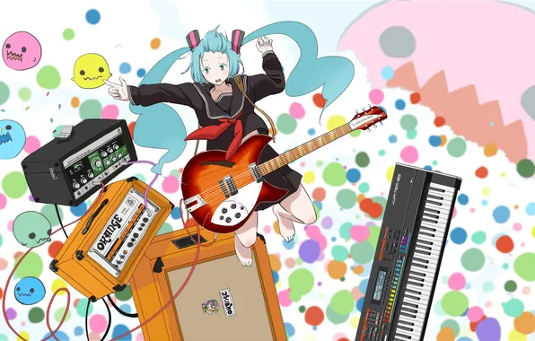 Girl, wire, guitar, art, form, schoolgirl, vocaloid, hatsune miku