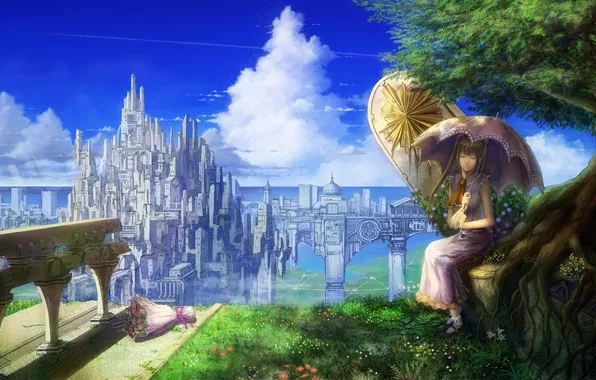 Girl, trees, the city, bouquet, umbrella, art, tomok1