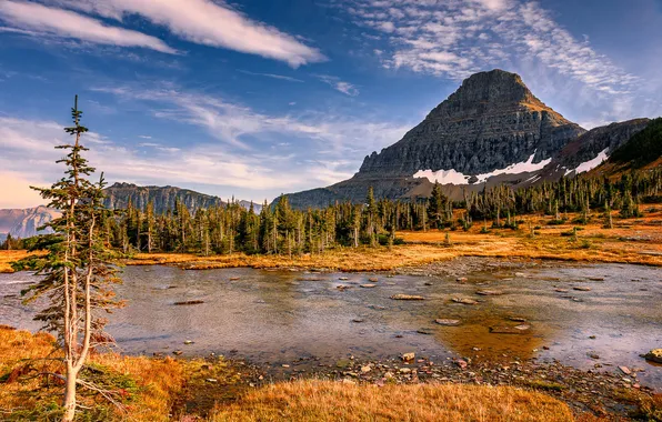 Autumn, trees, mountains, stones, rocks, lake, Glacier National Park, Hidden Lake