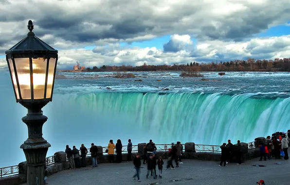 Clouds, people, lantern, Niagara falls, tourists, lookout