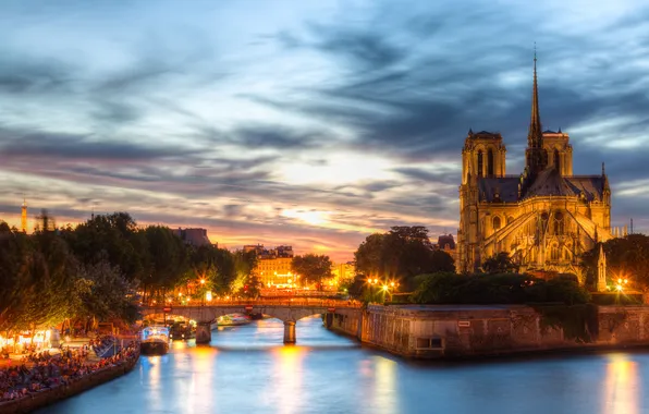 Picture night, lights, river, France, Paris, Hay, Cathedral, Notre Dame de Paris