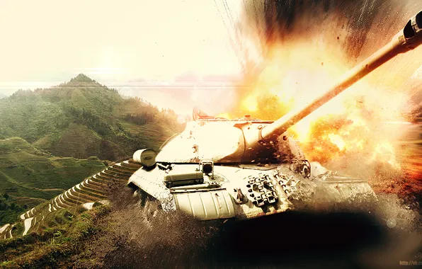 Picture mountains, the explosion, fire, art, tank, USSR, tanks, WoT