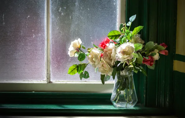 Roses, bouquet, window, vase