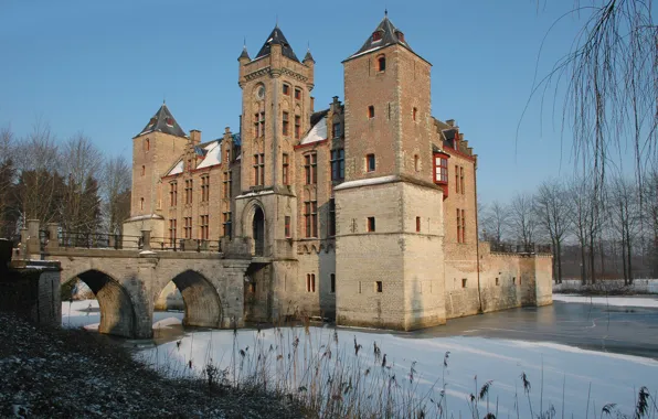 Blue Sky, Winter, Belgium, Castle, Ice, Bruges, Tillegem