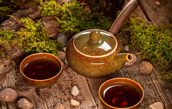 Green, stones, tea, Board, moss, kettle, the tea party, Cup