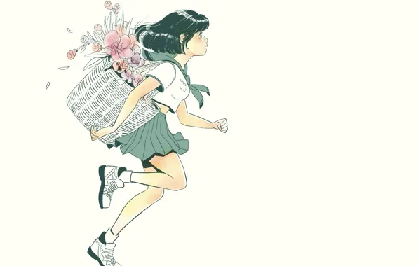 Picture flowers, basket, shoes, girl, white background, schoolgirl, runs, sailor