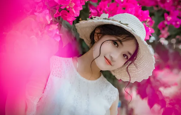 Girl, flowers, smile, portrait, spring, hat, pink, Asian