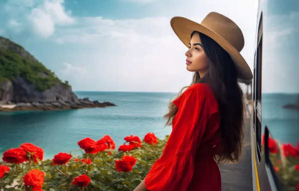 Sea, summer, girl, flowers, mountains, shore, roses, hat