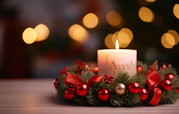 Balls, lights, candle, Christmas, New year, wreath, bokeh, AI art
