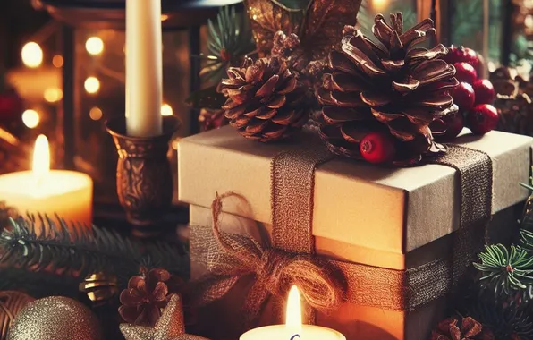 Balls, light, lights, box, gift, star, candles, Christmas