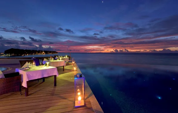 The sky, clouds, sunset, the ocean, Paradise, the evening, pool, pier