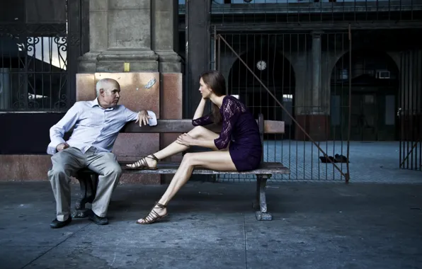 Picture girl, bench, background, male, the conversation