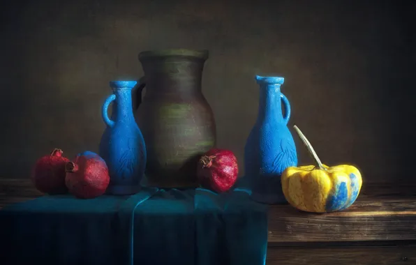Table, paint, contrast, fabric, pumpkin, fruit, still life, blue