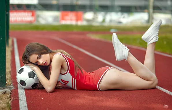 Field, girl, pose, the ball, sneakers, makeup, figure, hairstyle