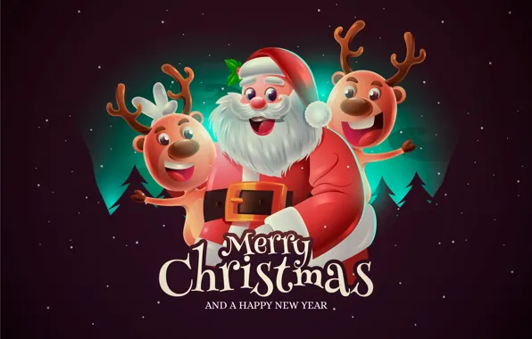 Smile, Christmas, New year, Santa Claus, Deer, The dark background, Merry Christmas