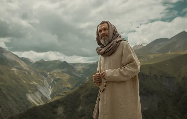 The sky, clouds, mountains, traveler, the wanderer, rosary, Shepeleva Tatiana, The bearded man