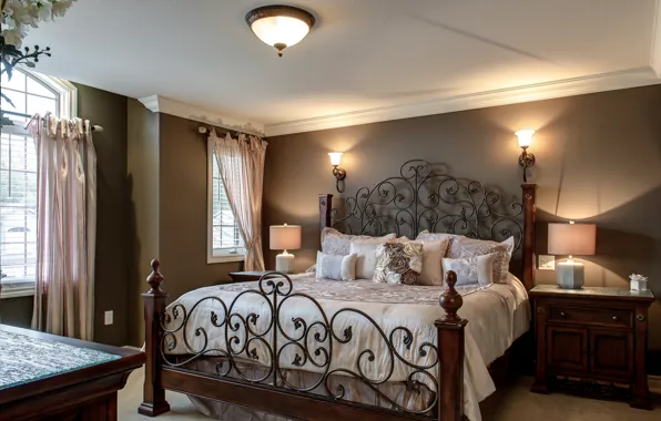 Design, lamp, bed, pillow, curtains, forging, bedroom, chest