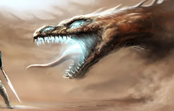 Picture desert, dragon, scales, battle, warrior, fangs, the battle, knight