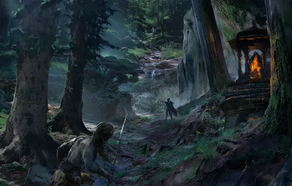 Picture forest, mountains, warrior, hunt