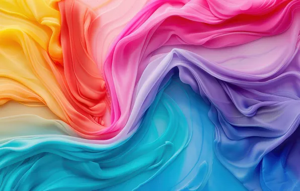 Yellow, lilac, pink, blue, silk, fabric, bright colors, folds