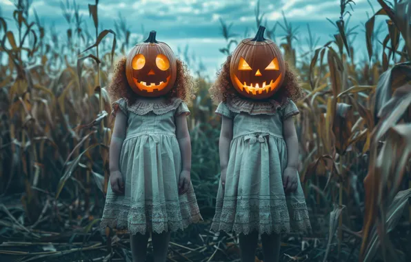 Picture Pumpkin, Dress, Halloween, Halloween, Two, Girls, Digital art, AI art