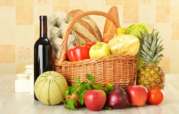 Picture wine, red, basket, apples, bottle, eggs, cheese, bow