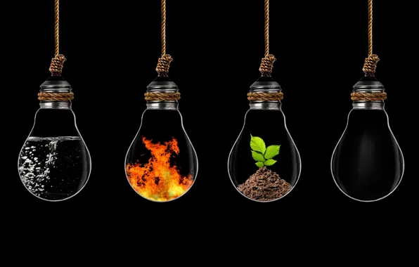 Water, fire, earth, elements, the air, light bulb