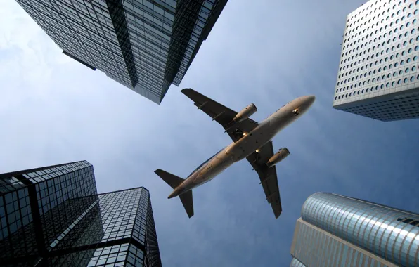 The sky, the city, skyscrapers, Hong Kong, Airbus, Airbus A320, LAN Airlines