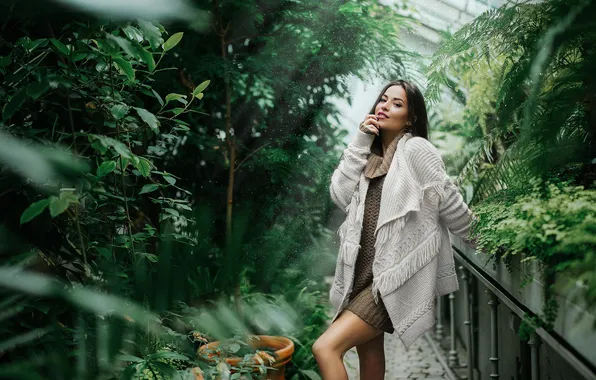 Look, model, portrait, plants, makeup, dress, hairstyle, brown hair