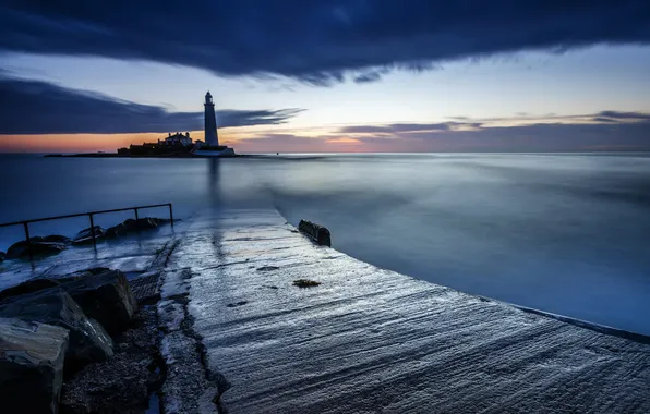 Sea, night, shore, lighthouse