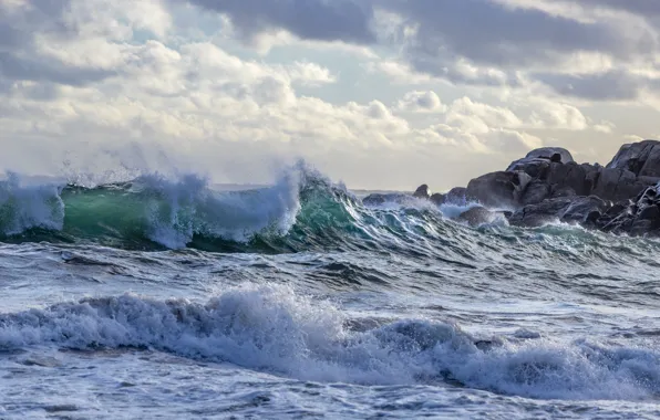 Picture sea, wave, clouds, stones, rocks, surf