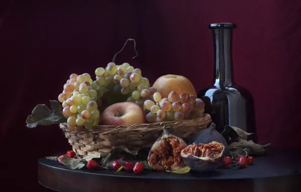 Table, apples, bottle, fruit, briar, grapes, fruit, still life
