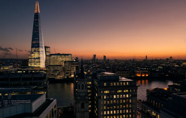The sky, night, the city, lights, dawn, tower