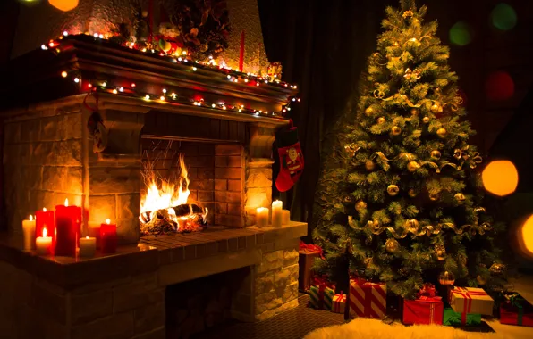 Picture fire, tree, candles, Christmas, gifts, New year, flame, tree