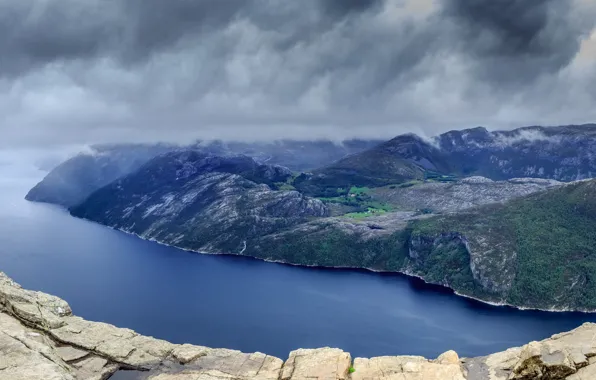 Mountains, clouds, river, rocks, Landscapes, the fjord