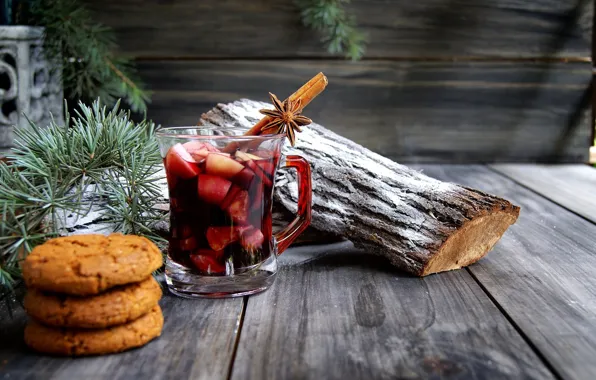 Picture branches, holiday, Board, new year, Christmas, cookies, Cup, floor