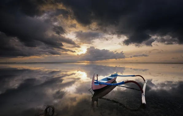 Picture the sky, clouds, landscape, sunset, nature, lake, boat, the evening