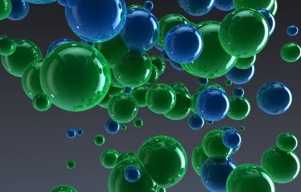 Drops, balls, reflection, balls, blue, art, green, grey background